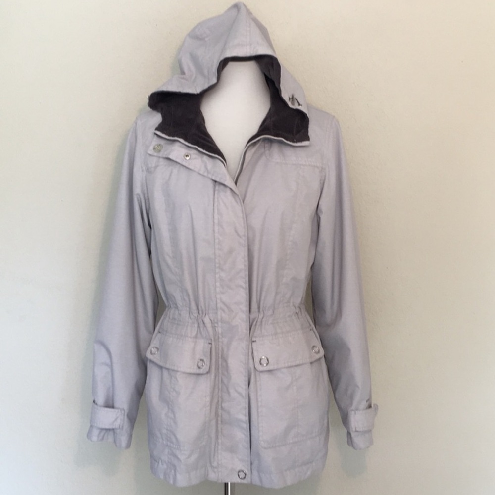 Fleece lined water resistant ecru hooded jacket fall winter adjustable waist